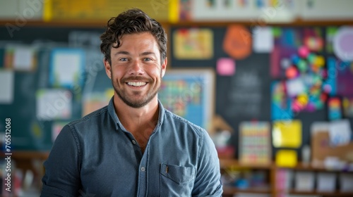 Portrait of smiling male teacher in a class at elementary school looking at camera with behind them is a backdrop of a classroom background © ND STOCK