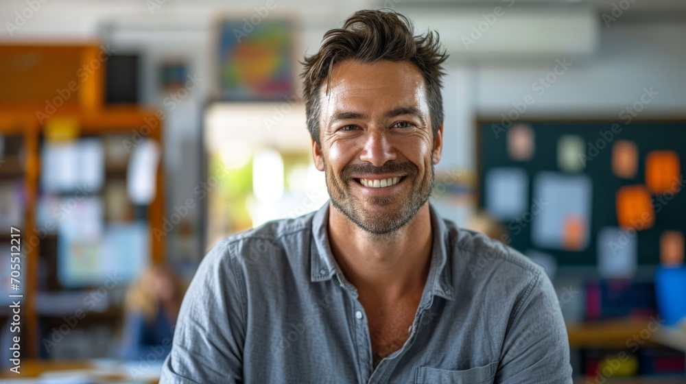 Portrait of smiling male teacher in a class at elementary school looking at camera with behind them is a backdrop of a classroom background Portrait of smiling male teacher in a class at elementary school looking at camera with behind them is a backdrop of a classroom background