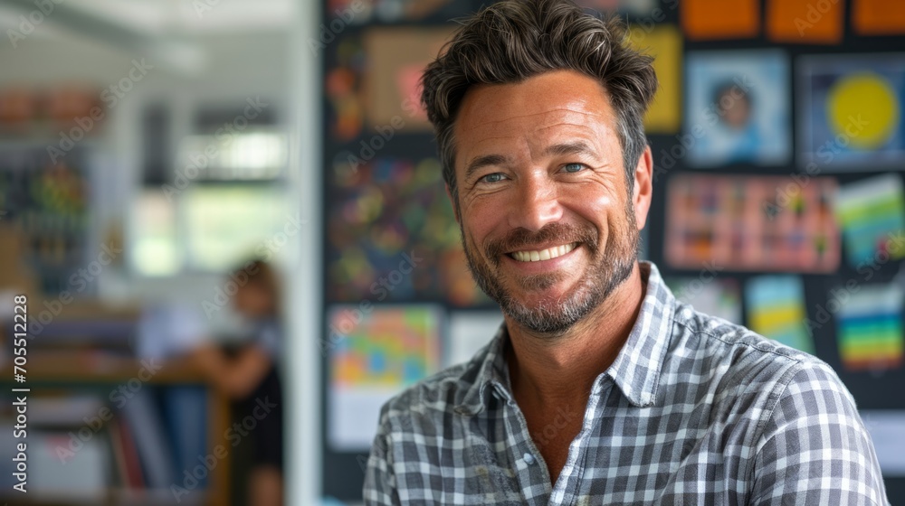 Portrait of smiling male teacher in a class at elementary school looking at camera with behind them is a backdrop of a classroom background Portrait of smiling male teacher in a class at elementary school looking at camera with behind them is a backdrop of a classroom background