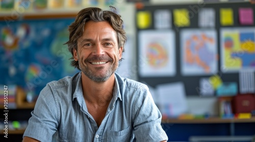 Portrait of smiling male teacher in a class at elementary school looking at camera with behind them is a backdrop of a classroom background