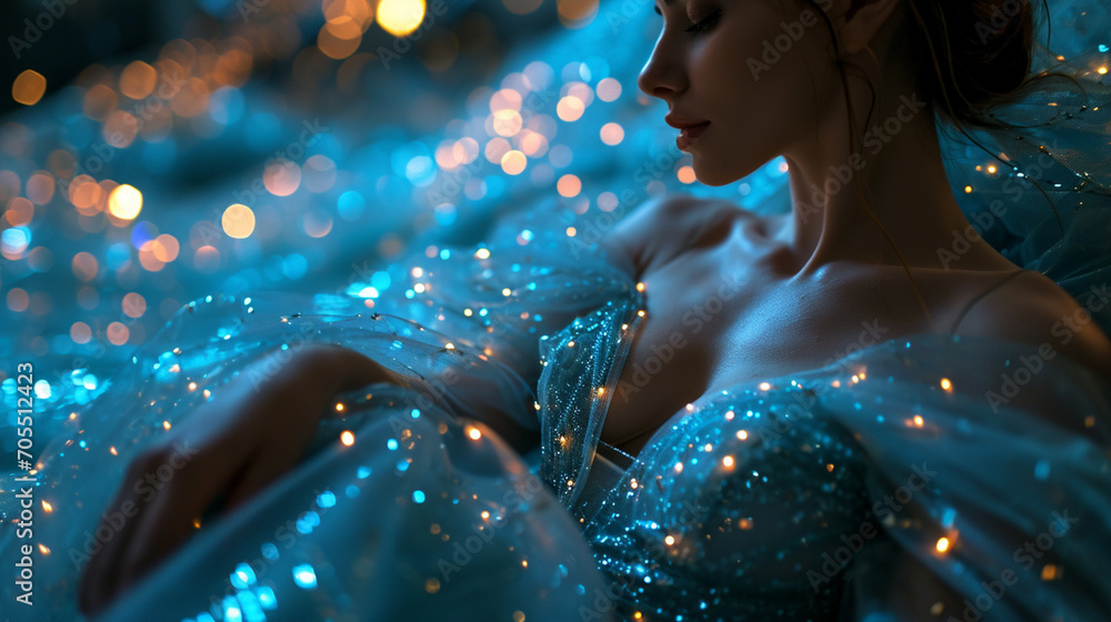 A design for an extravagant gown with cascading layers of sheer fabric and LED lights. - obrazy, fototapety, plakaty 