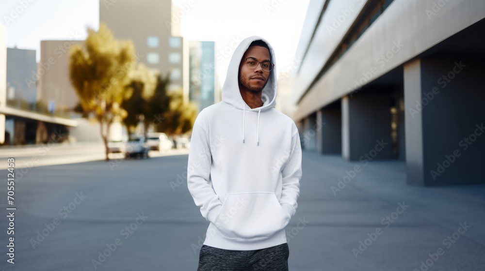 White hooded sweatshirt Mockup, white gildan 18500, man wearing white hoodie on street in daylight, hoodie Mockup Template adult for design print, Male guy wearing casual hoodie placement	
