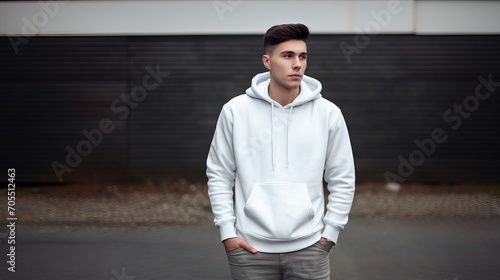 White hooded sweatshirt Mockup, white gildan 18500, man wearing white hoodie on street in daylight, hoodie Mockup Template adult for design print, Male guy wearing casual hoodie placement 