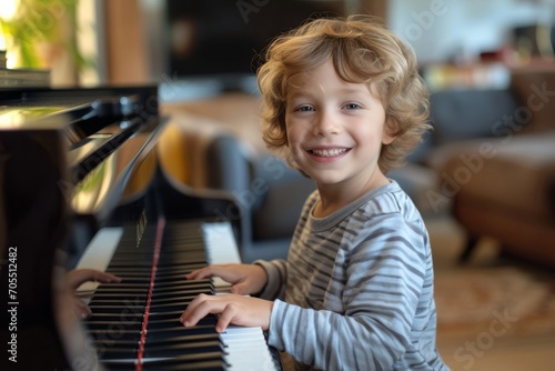 Happy and smiley little boy playing on the piano. AI generative