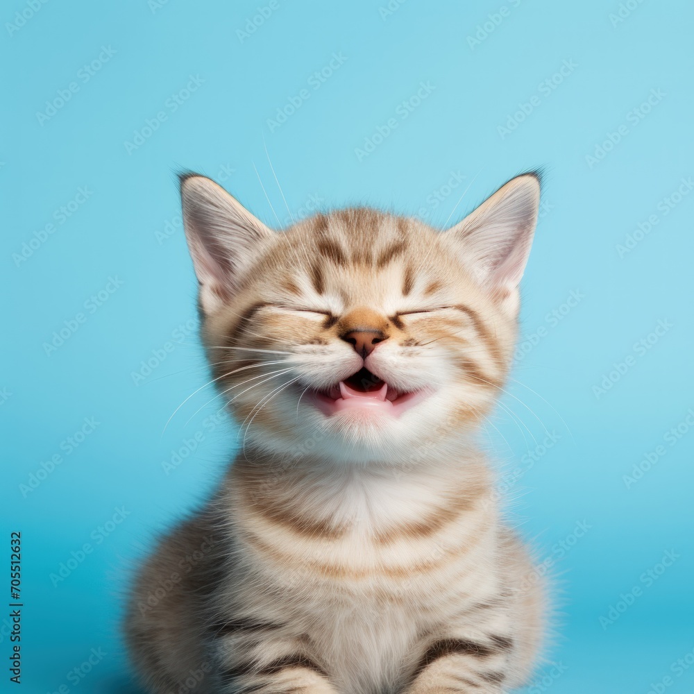 Happy kitten smiling with closed eyes on a colored blue background.