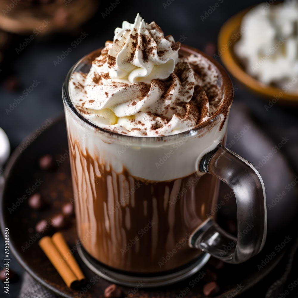 A glass of creamy hot chocolate, topped with a swirl of whipped cream A glass of creamy hot chocolate, topped with a swirl of whipped cream