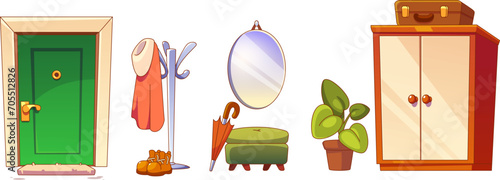House hallway entrance door, furniture and accessories. Cartoon home corridor hall interior elements - doorway and closet with suitcase, coat on rack, shoes and umbrella, pouf and mirror, plant in pot