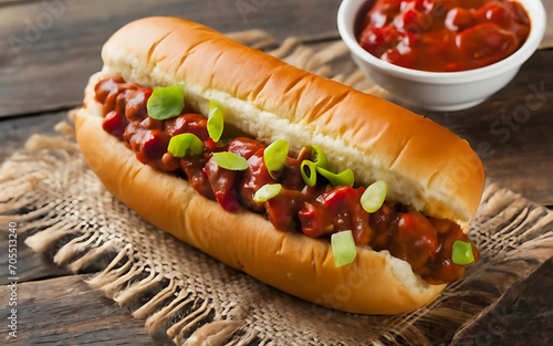 Capture the essence of Chili Dog in a mouthwatering food photography shot photo
