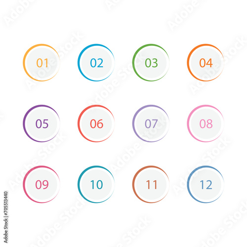 Vector circular bullet points numbers from one to twelve