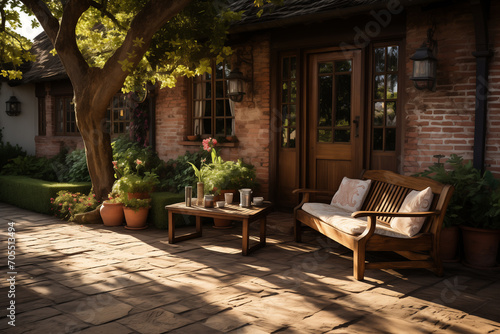 Front garden with outdoor living and tree in morning.