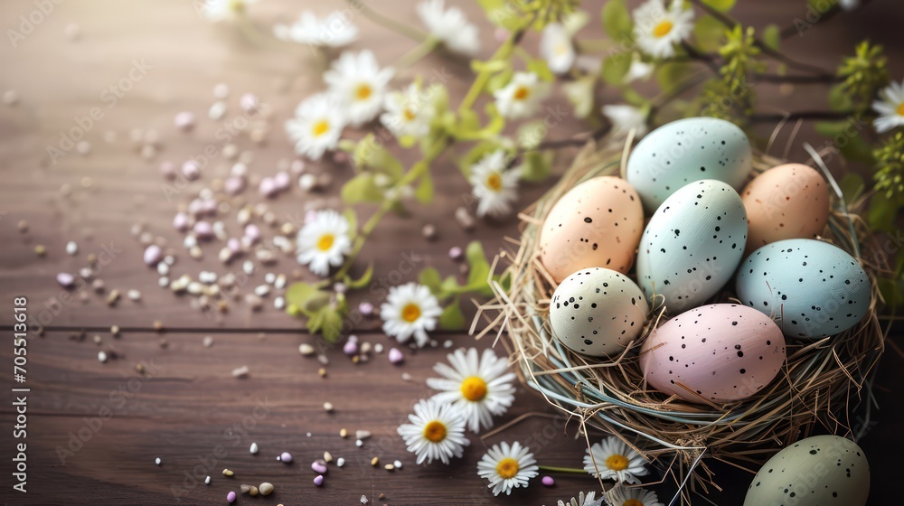Beautiful Easter background with vibrant eggs set against a pastel palette, enhanced by enchanting light effects and a gentle blur, providing ample copy space.
Beautiful Easter background with vibrant eggs set against a pastel palette, enhanced by enchanting light effects and a gentle blur, providing ample copy space.