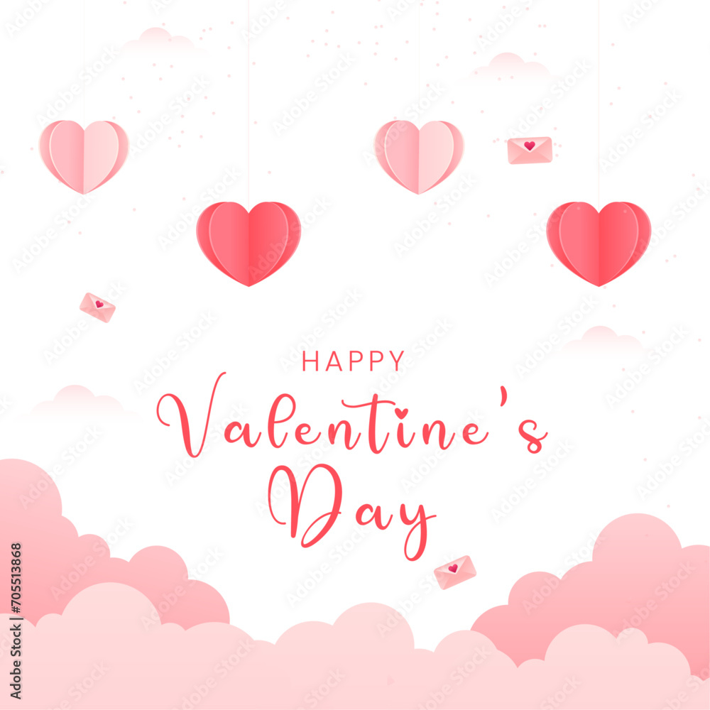 Paper elements in shape of heart flying on pink background. Hanging hearts Valentine's Day, birthday greeting card design.