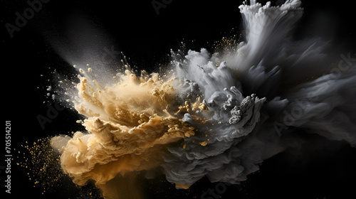 Launched silver and gold powder on black background, generative ai