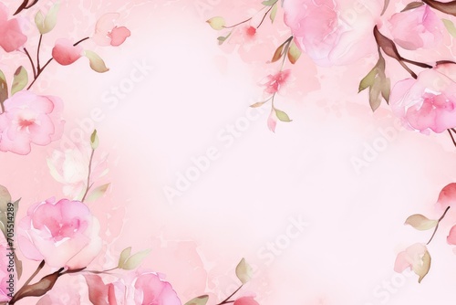Floral watercolor frame with spring cherry flowers and leaves on pink background. St Valentines  Women s  Mothers day. Romantic backdrop for wedding greeting card  banner  template with copy space
