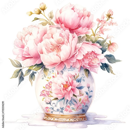 Vintage spring flowers bouquet in vase isolated on white background. Watercolor peony in pot. Valentine, woman's and mothers day concept. Element for design greeting card, banner, invitation, poster
