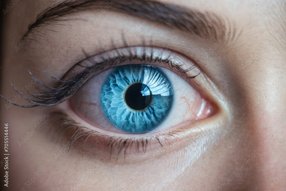 A close-up beautiful eye of a female person, ice crystal cold freezing blue water in the eye iris A close-up beautiful eye of a female person, ice crystal cold freezing blue water in the eye iris