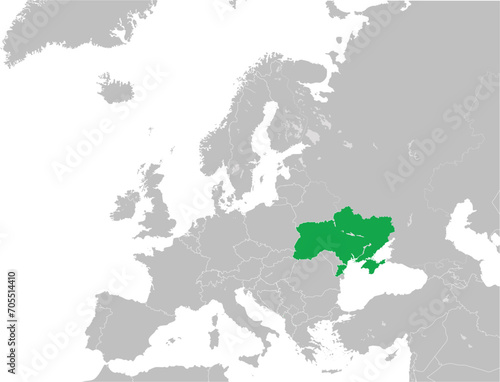 Green CMYK national map of UKRAINE inside detailed gray blank political map of European continent with lakes on transparent background using Mercator projection