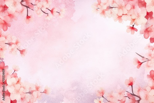 Floral watercolor frame with spring cherry flowers and leaves on pink background. St Valentines, Women's, Mothers day. Romantic backdrop for wedding greeting card, banner, template with copy space