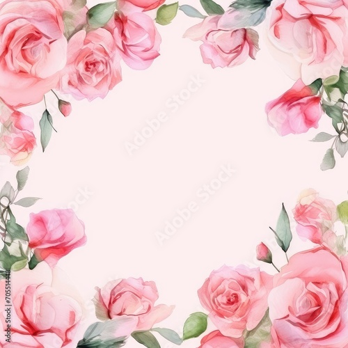 Floral watercolor frame with spring rose flowers and leaves on pink background. St Valentines  Women s  Mothers day. Romantic backdrop for wedding greeting card  banner  template with copy space