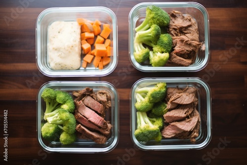 meal prep with beef and broccoli in divided containers