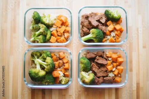 meal prep with beef and broccoli in divided containers