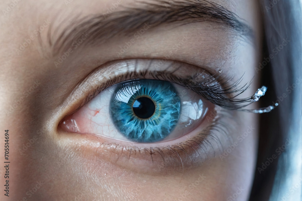 Fototapeta premium A close-up beautiful eye of a female person, ice crystal cold freezing blue water in the eye iris