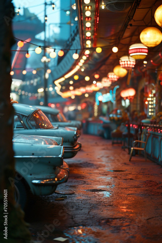 A scene depicting a 1960s-inspired amusement park, with futuristic rides and attractions.