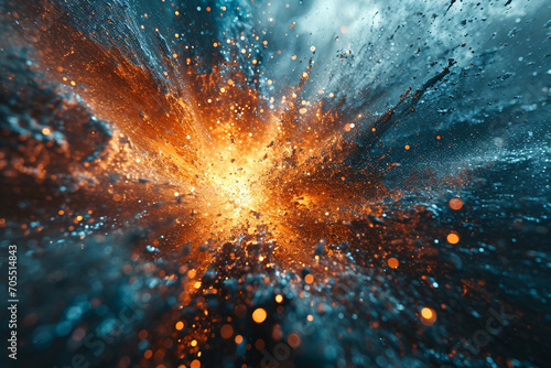 An illustration of a particle collision, with energy and matter erupting in an explosive display. photo
