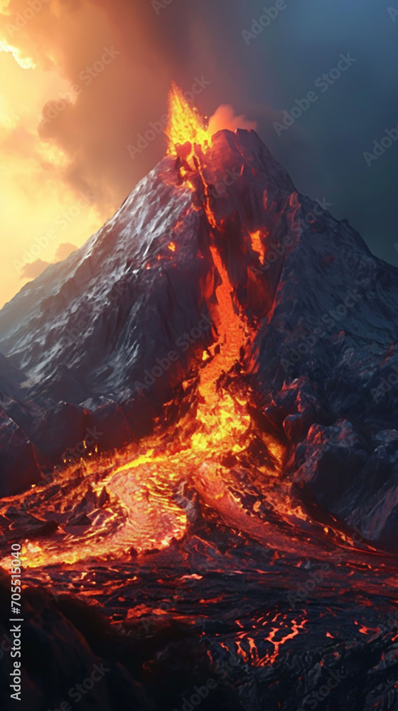 Hot lava flows down the slope of an erupting volcano. Eruption. Ash release.