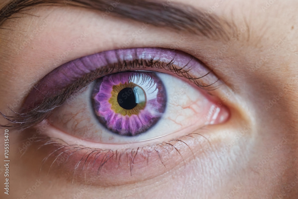A close-up beautiful eye of a female person, natural growing floral pink and purple flowers in the eye iris A close-up beautiful eye of a female person, natural growing floral pink and purple flowers in the eye iris
