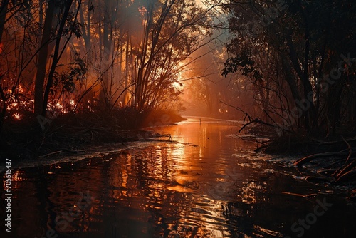An ethereal glow from a wildfire lights up a dense forest alongside a gently flowing river at dusk