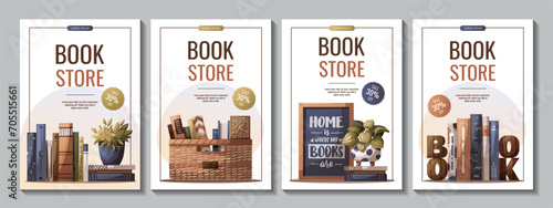 Set of Flyers with books, potted plant, bookish poste. Bookstore, bookshop, book lover, reading, interior concept. Vector illustration for banner, promo, poster.
