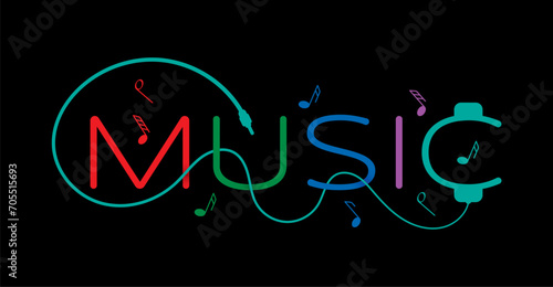 music word and headset design on black background