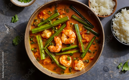 Capture the essence of Okra and Shrimp Curry in a mouthwatering food photography shot photo
