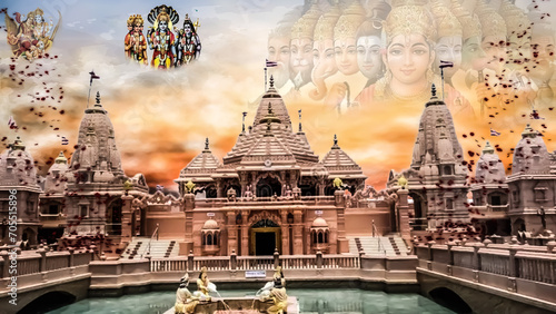 Indian Hindu God Lord Ram Beautiful Realistic landscape Design Hd illustration of Hindu mandir of India with Hindi text meaning Shree Ram temple, 3D Rendered Model of Ayodhya