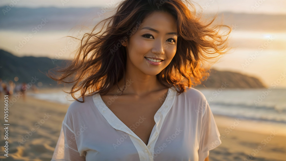 Smiling and Casually Dressed Woman Enjoying a Stroll at the Beach Golden Hour Generative AI