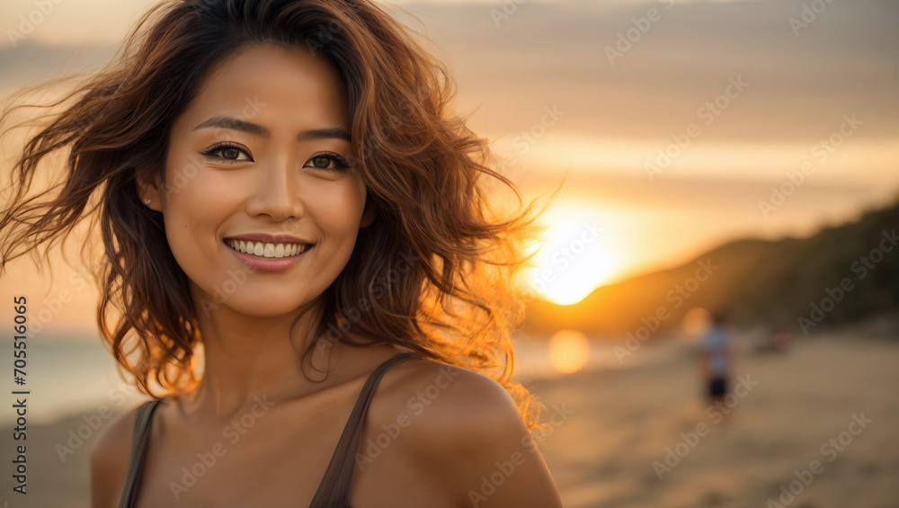 Casually Dressed Happy Woman Enjoying a Stroll at the Beach Golden Hour Generative AI Casually Dressed Happy Woman Enjoying a Stroll at the Beach Golden Hour Generative AI