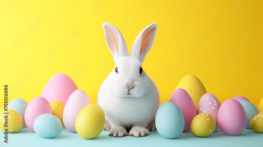 A charming white rabbit poses in front of a background of pastel easter eggs, perfect for holiday themes A charming white rabbit poses in front of a background of pastel easter eggs, perfect for holiday themes