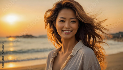 Smiling and Casually Dressed Woman Enjoying a Stroll at the Beach Golden Hour Generative AI © William Harding