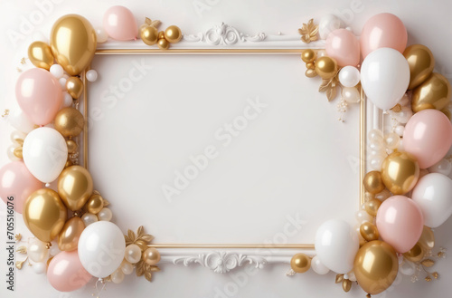frame of soft elegant pink and golden pastel color balloons with white background and copy space