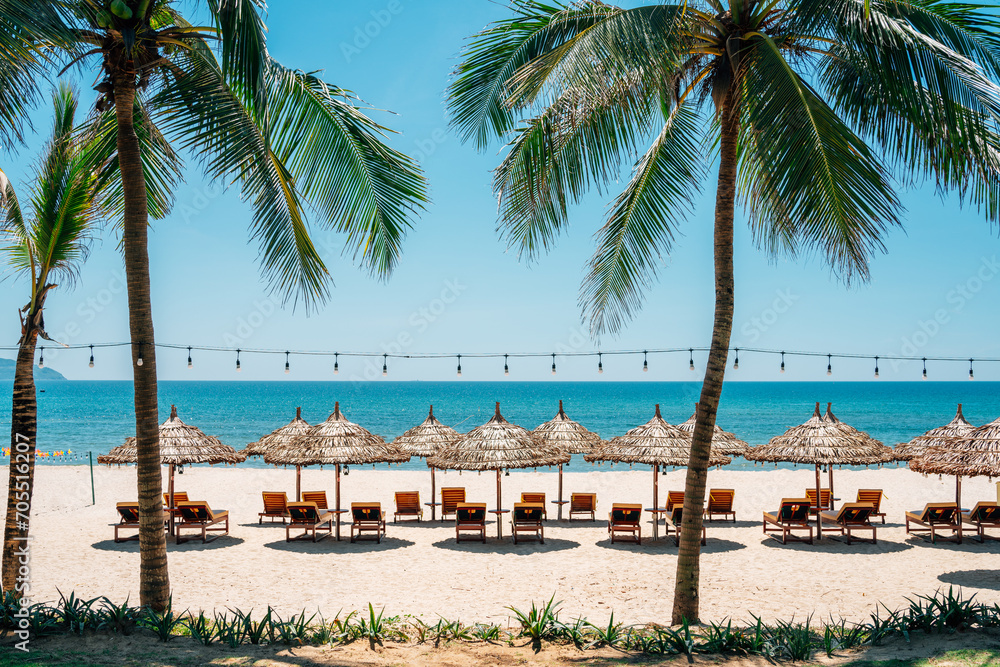 My Khe Beach with parasol and sunbed in Da Nang, Vietnam