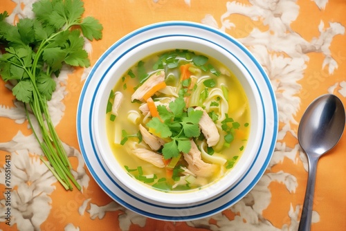overhead shot of chicken noodle soup with parsley garnish