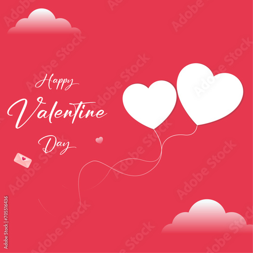 Valentine's Day post with white flying balloons on pink background. Romantic poster.
