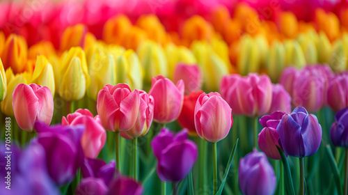 Sunlit Field of Colorful Tulips in a Vibrant Display of Natures Beauty