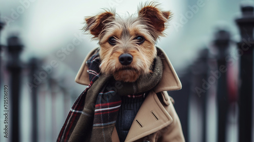 Small Dog Wearing Coat and Scarf in Winter Outfit