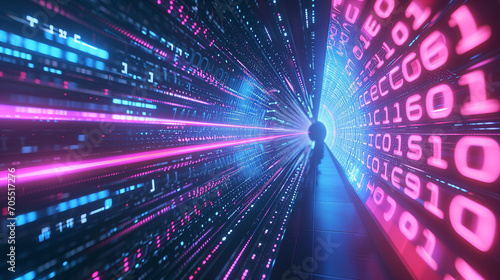 Person Walking Toward Bright Light Through a Digital Tunnel of Binary Code