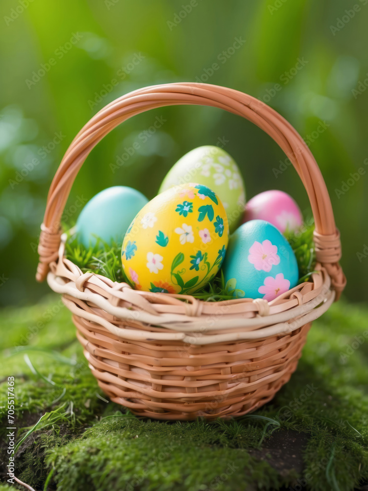 easter eggs in a basket in a fresh green nature bokeh background with copy space