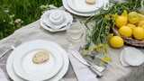 Country style picnic scene with white dishes, lemons, dill, and an open-air setting