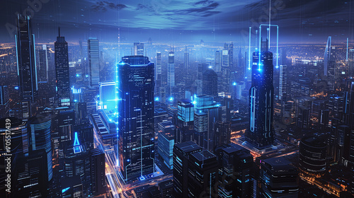 Nighttime Cityscape With Futuristic Blue Lights and Modern Architecture