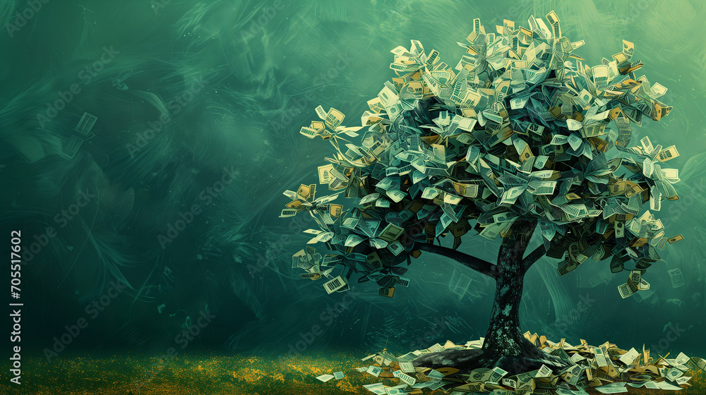 Money Tree Showering Cash, Abundant Money Falling From a Lush Money ...